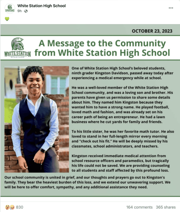 Triste Adiós a Kingston Davidson, estudiante querido de White Station High, que murió tras emergencia médica Screenshot 2023 10 23 at 11.56.47%E2%80%AFPM