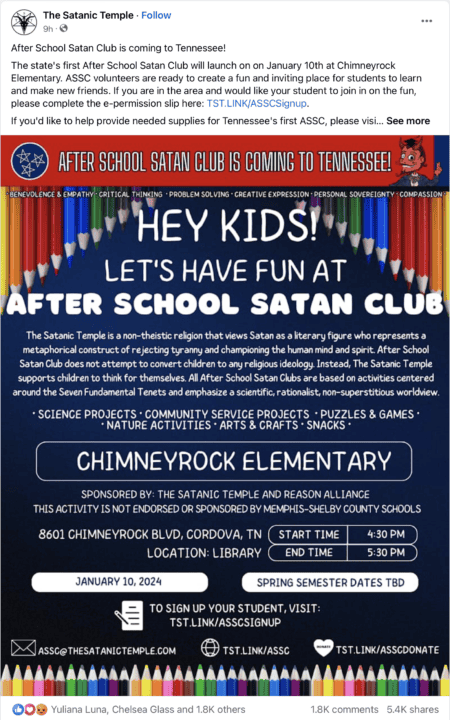 El Templo Satánico lanzará el 'Club de Satán después de la escuela' en escuela primaria de Memphis Screenshot 2023 12 12 at 3.42.36%E2%80%AFPM