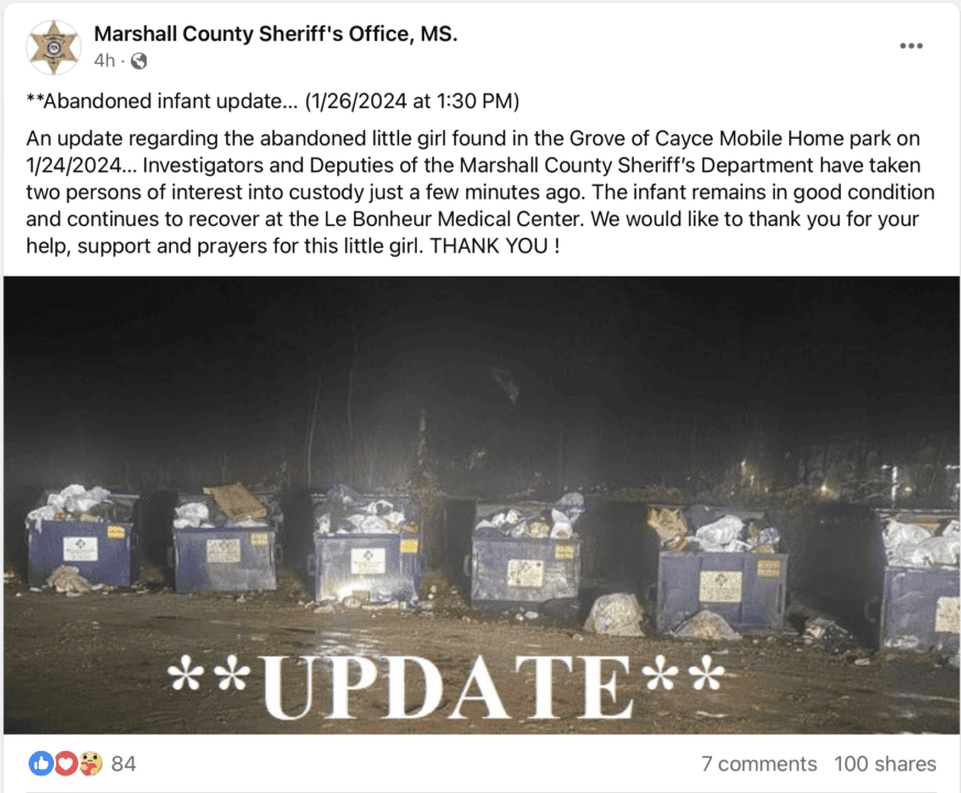 Bebé hallada viva detrás de contenedor de basura en Mississippi; dos personas han sido arrestadas Screenshot 2024 01 26 at 6.35.37%E2%80%AFPM