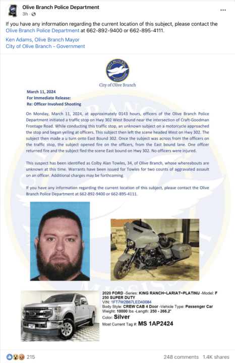 Violento ataque a balazos en Olive Branch, Mississippi: Identifican y buscan al sospechoso de agresión a oficiales Screenshot 2024 03 11 at 4.45.16%E2%80%AFPM