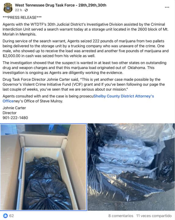 Incautan más de 220 libras de marihuana en una unidad de almacenamiento en Memphis Screenshot 2024 11 27 at 7.19.45%E2%80%AFPM