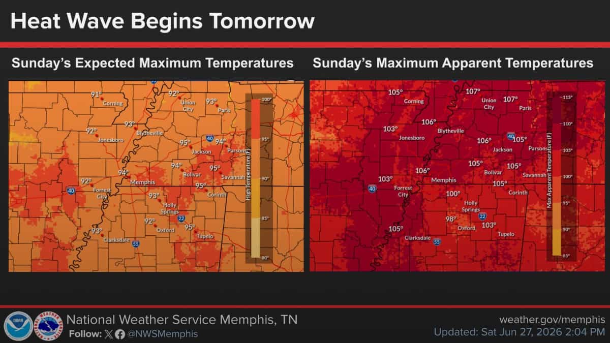 Mapa de Memphis con temperaturas máximas y aparentes para domingo. — memphisnoticias.com