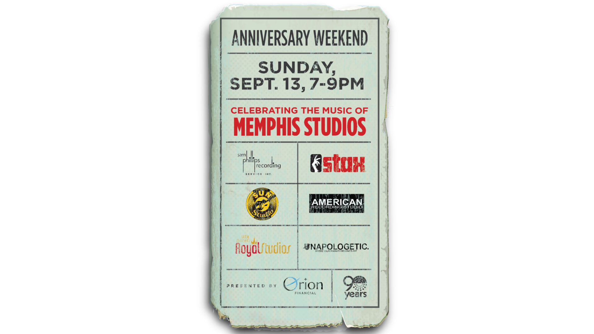 Anniversary Weekend Sunday Sept 13 7-9PM Celebrating the Music of Memphis Studios flyer Overton Park Shell