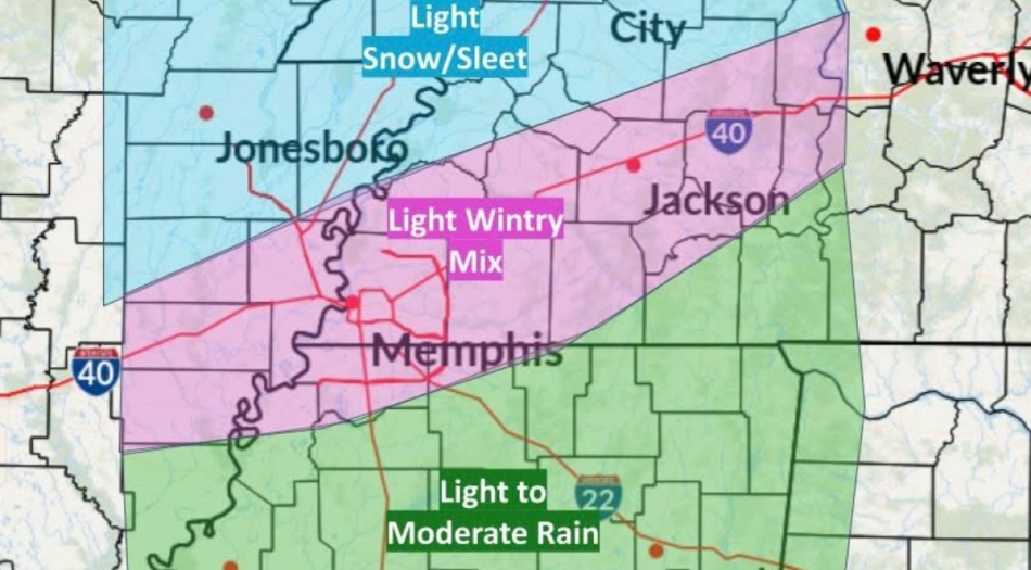 Advertencia por mezcla invernal ligera con riesgo de hielo en puentes y pasos elevados para Memphis Diciembre 4 2025