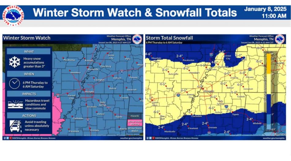 Toma de pantalla de Informe meteorológico invernal del NWS en Memphis del 8 de enero de 2025 compartido por National Weather Service